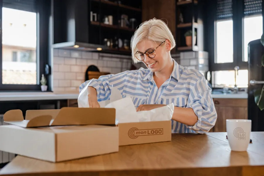Femme ouvrant un coffret cadeau personnalisé