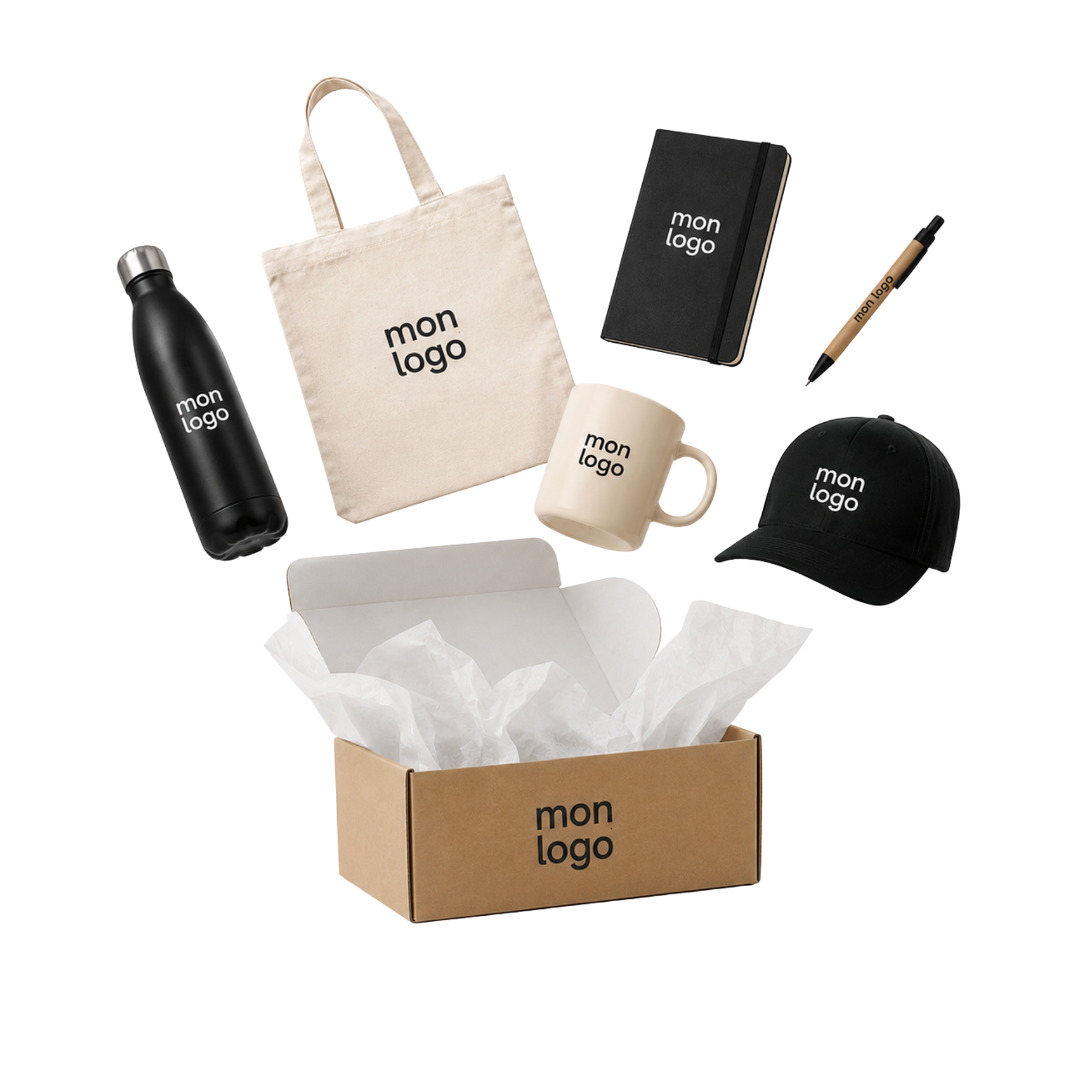 Welcome Pack personnalisé Dynamiz : tote bag, mug, gourde, casquette, carnet et stylo aux couleurs de votre marque