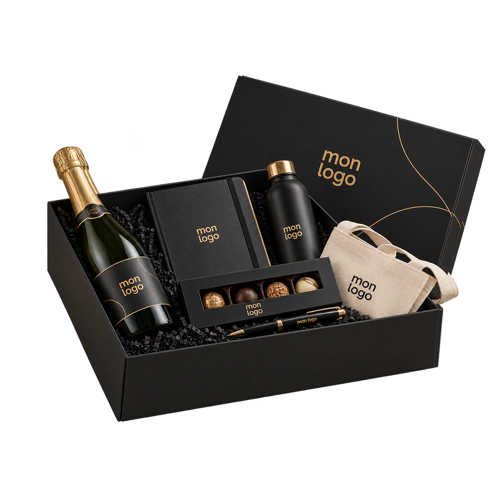 Coffret cadeau personnalisé Dynamiz : champagne, carnet, gourde, stylo, chocolats et tote bag aux couleurs de votre marque
