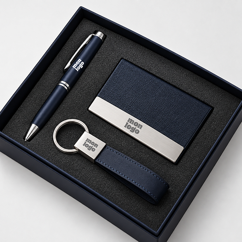 Exemple de composition : coffret bleu marine avec stylo, porte-cartes et porte-clés marqués