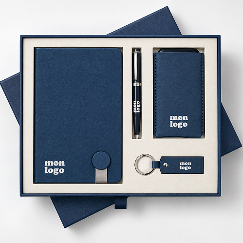 Exemple de composition : coffret bleu marine avec carnet, stylo, porte-cartes et porte-clés