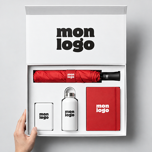 Exemple de composition : coffret blanc aimanté avec parapluie rouge, batterie, bouteille et carnet