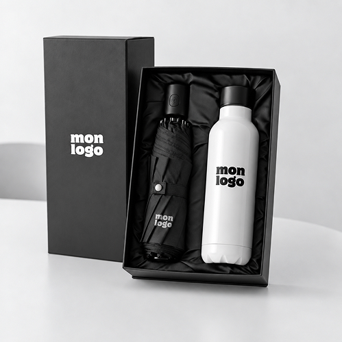 Exemple de composition : coffret noir avec parapluie pliant et bouteille isotherme blanche